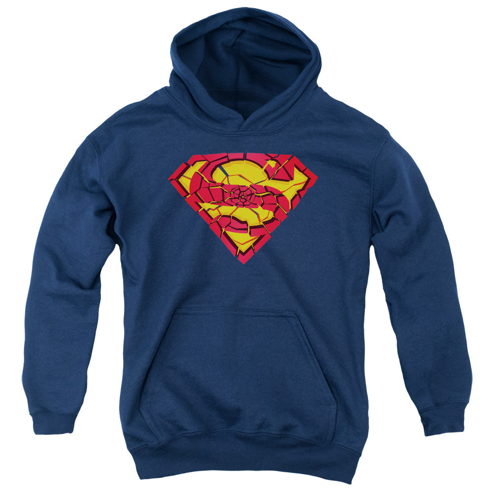 Superman Shattered Shield Kids Youth Hoodie Navy