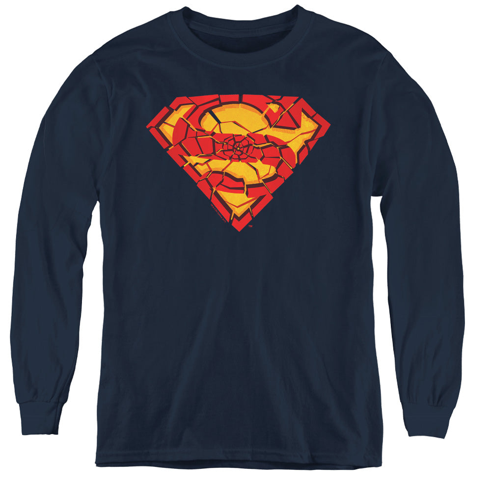 Superman Shattered Shield Long Sleeve Kids Youth T Shirt Navy