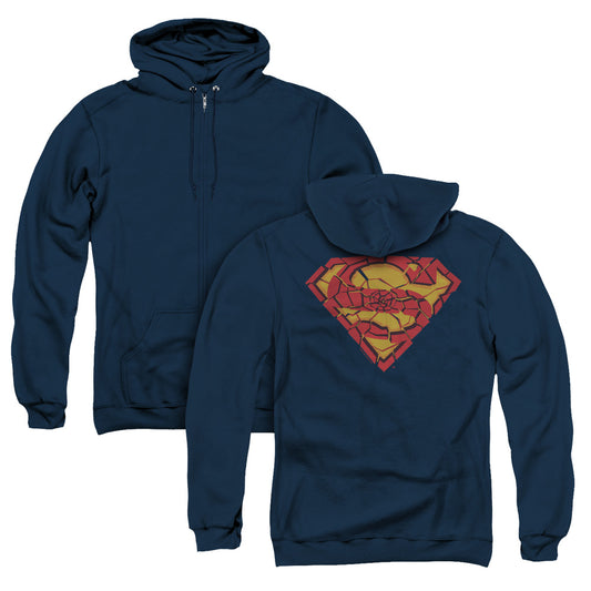 Superman Shattered Shield Back Print Zipper Mens Hoodie Navy