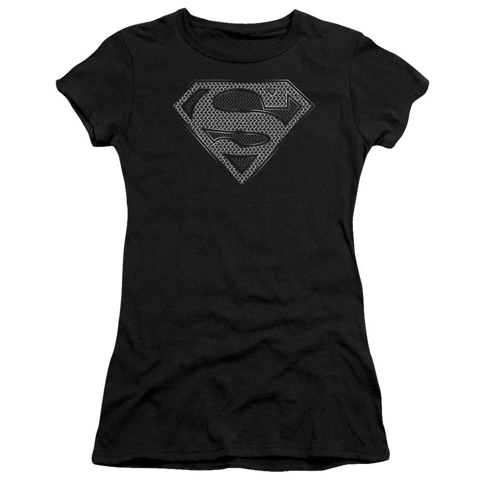 Superman Chainmail Junior Sheer Cap Sleeve Womens T Shirt Black