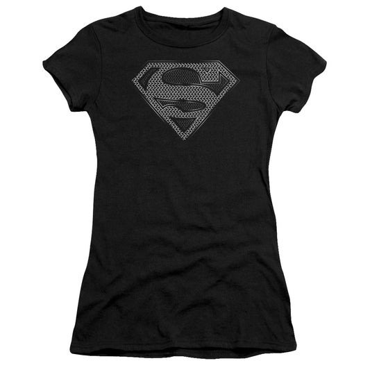 Superman Chainmail Junior Sheer Cap Sleeve Womens T Shirt Black