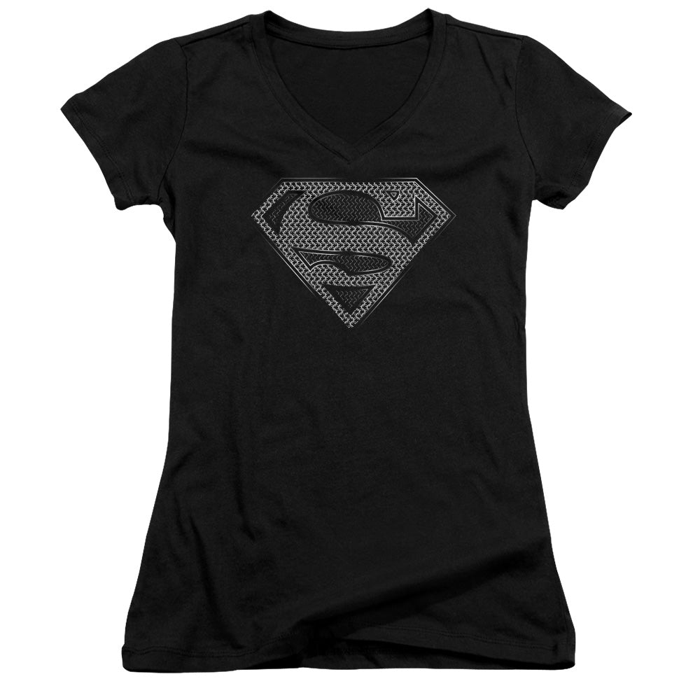 Superman Chainmail Junior Sheer Cap Sleeve V Neck Womens T Shirt Black