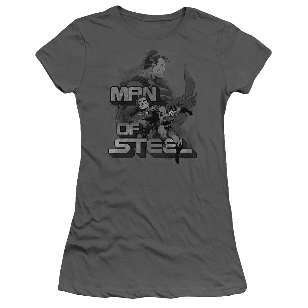 Superman Steel Poses Junior Sheer Cap Sleeve Womens T Shirt Charcoal