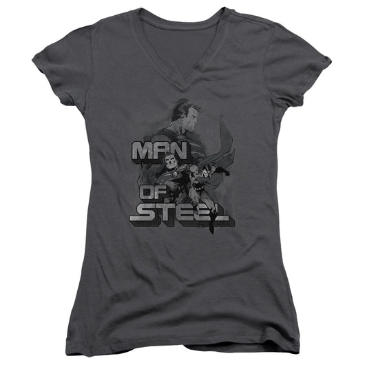 Superman Steel Poses Junior Sheer Cap Sleeve V Neck Womens T Shirt Charcoal