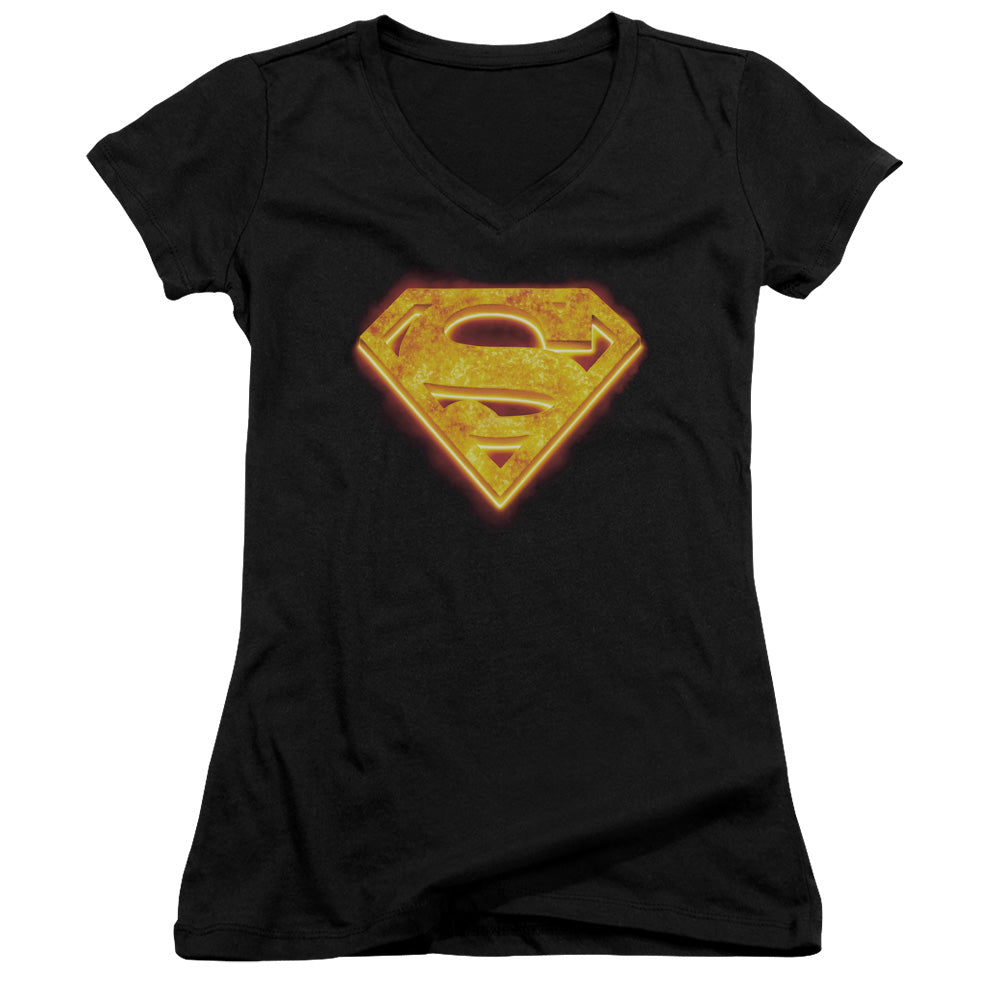 Superman Hot Steel Shield Junior Sheer Cap Sleeve V Neck Womens T Shirt Black