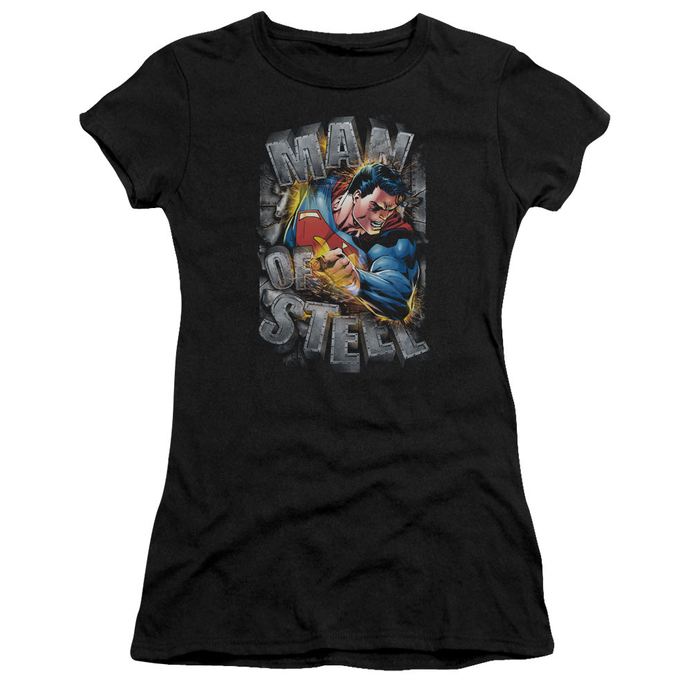 Superman Ripping Steel Junior Sheer Cap Sleeve Womens T Shirt Black