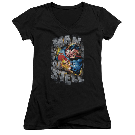 Superman Ripping Steel Junior Sheer Cap Sleeve V Neck Womens T Shirt Black