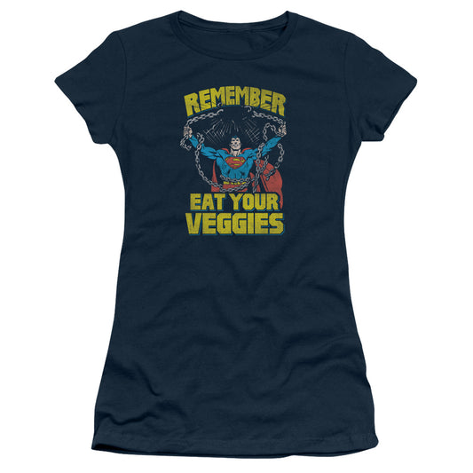 Superman Veggie Power Junior Sheer Cap Sleeve Womens T Shirt Navy