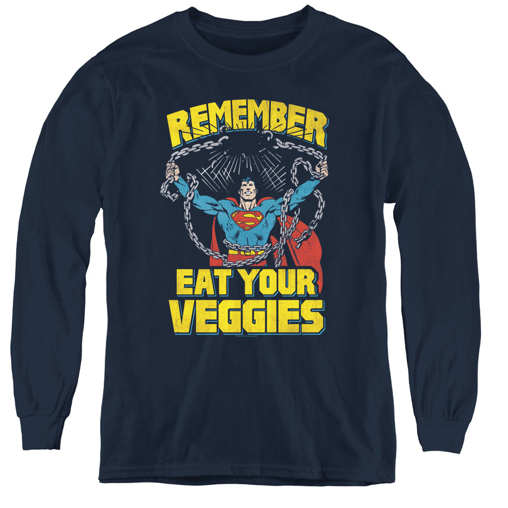 Superman Veggie Power Long Sleeve Kids Youth T Shirt Navy