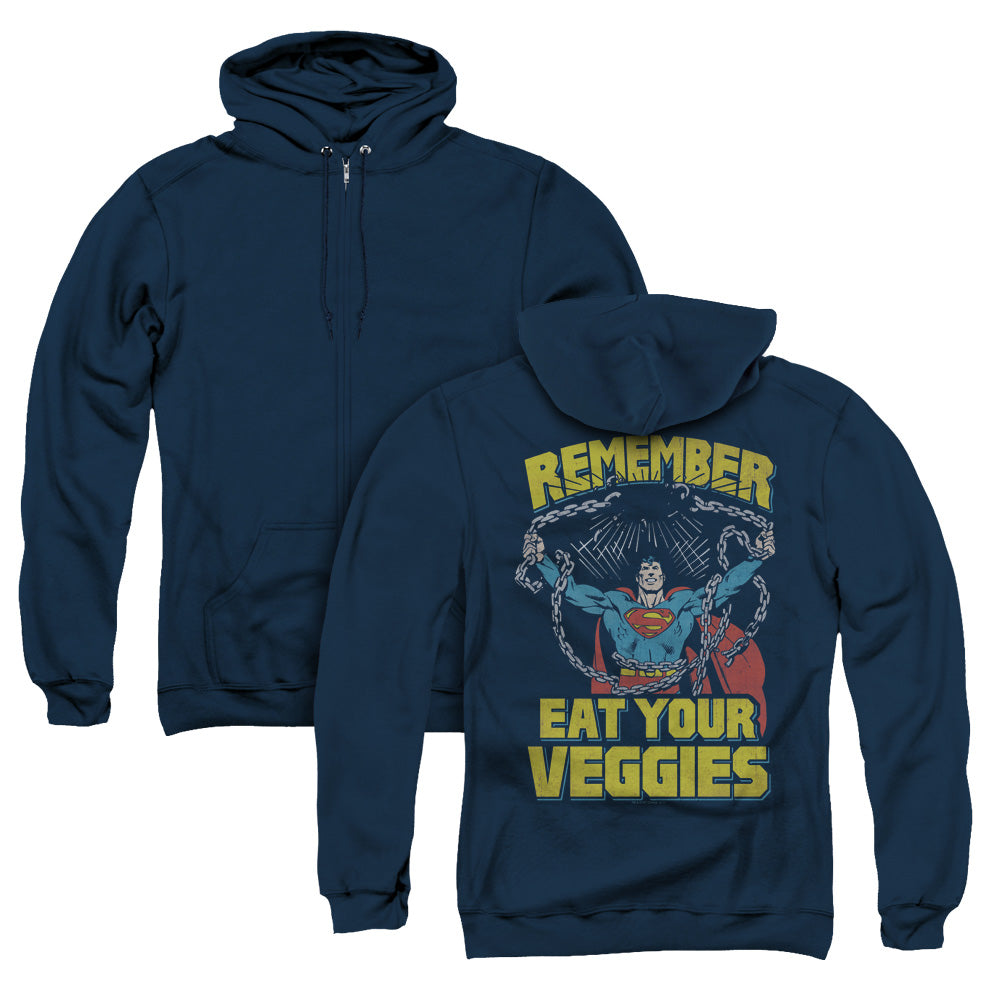 Superman Veggie Power Back Print Zipper Mens Hoodie Navy