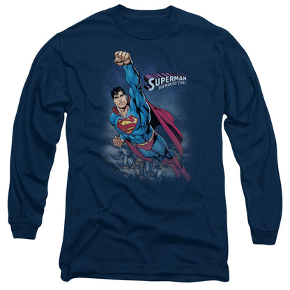 Superman Twilight Flight Mens Long Sleeve Shirt Navy