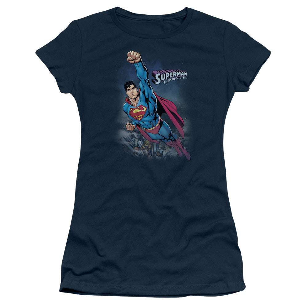 Superman Twilight Flight Junior Sheer Cap Sleeve Womens T Shirt Navy