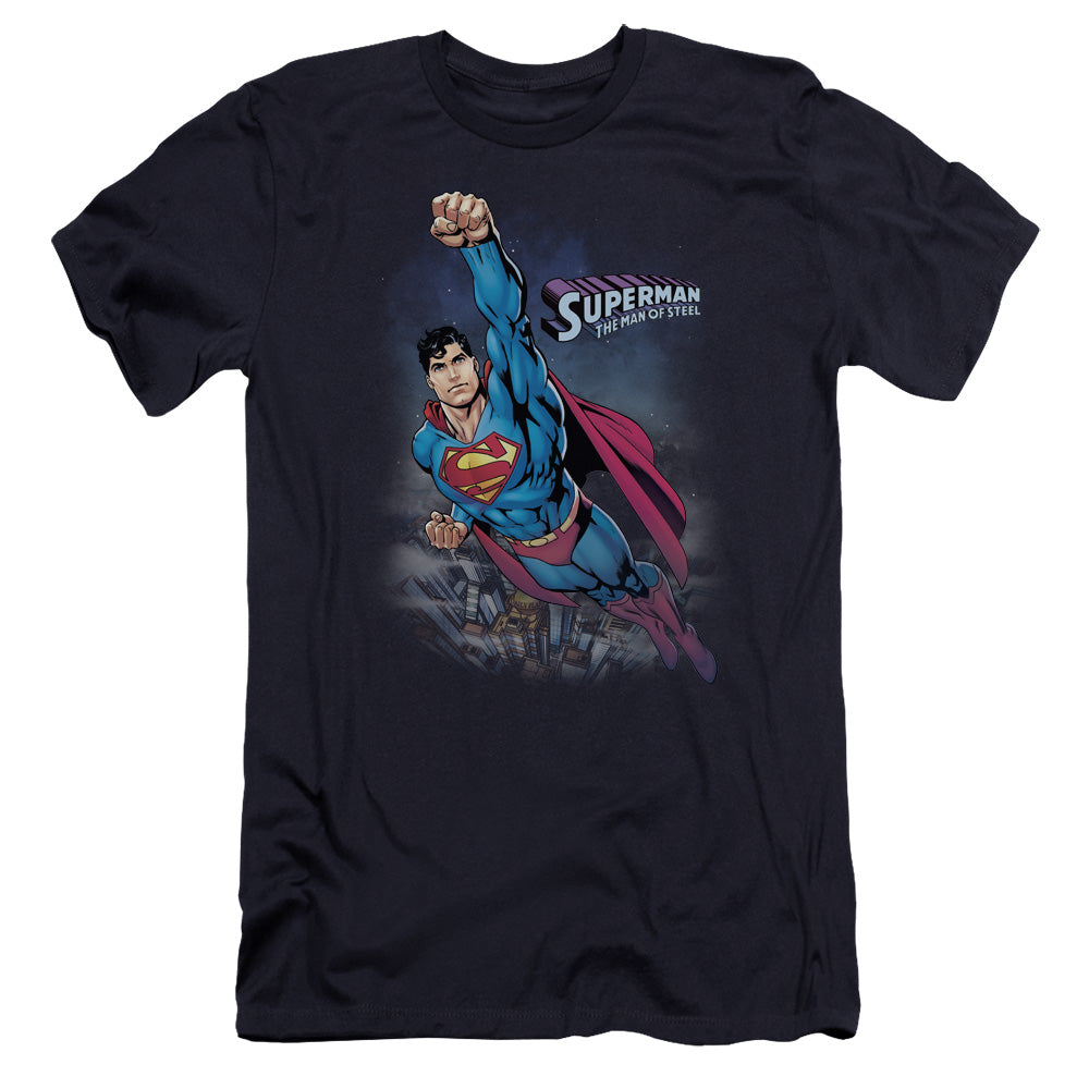 Superman Twilight Flight Premium Bella Canvas Slim Fit Mens T Shirt Navy