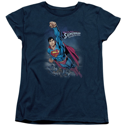 Superman Twilight Flight Womens T Shirt Navy