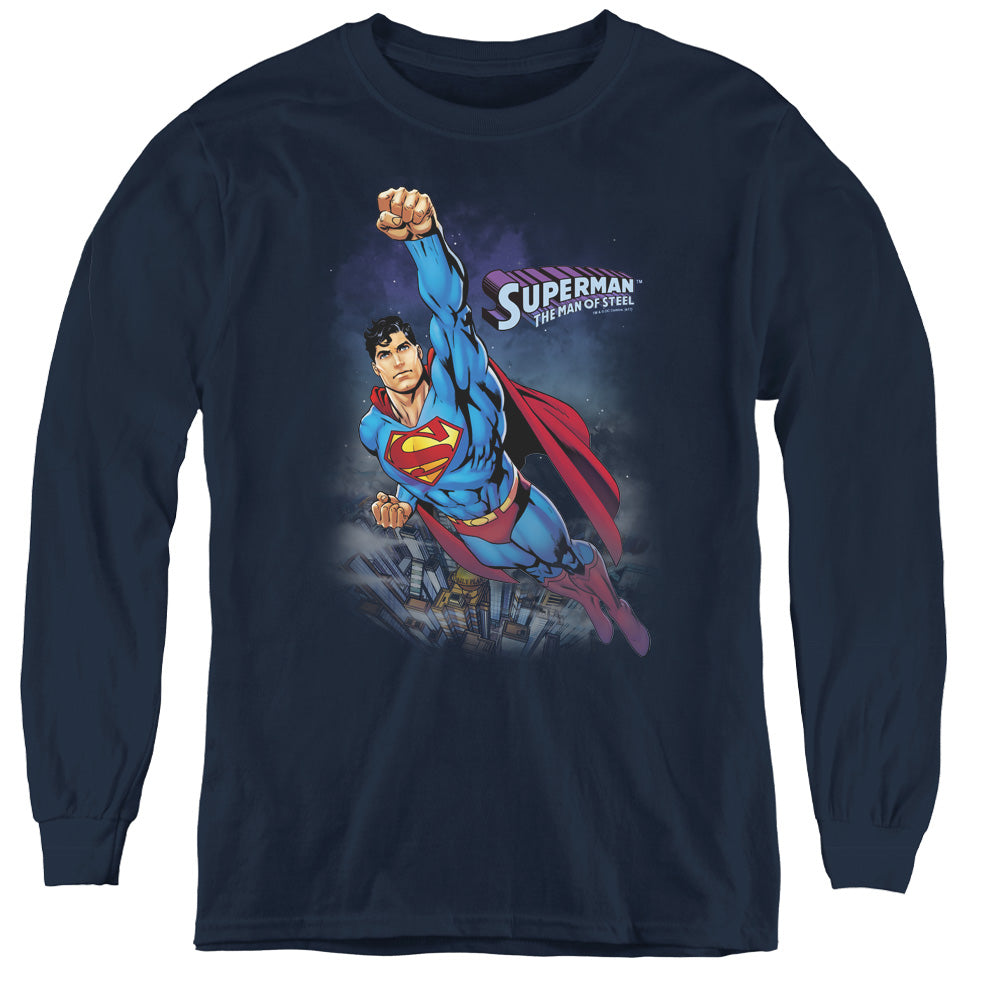 Superman Twilight Flight Long Sleeve Kids Youth T Shirt Navy