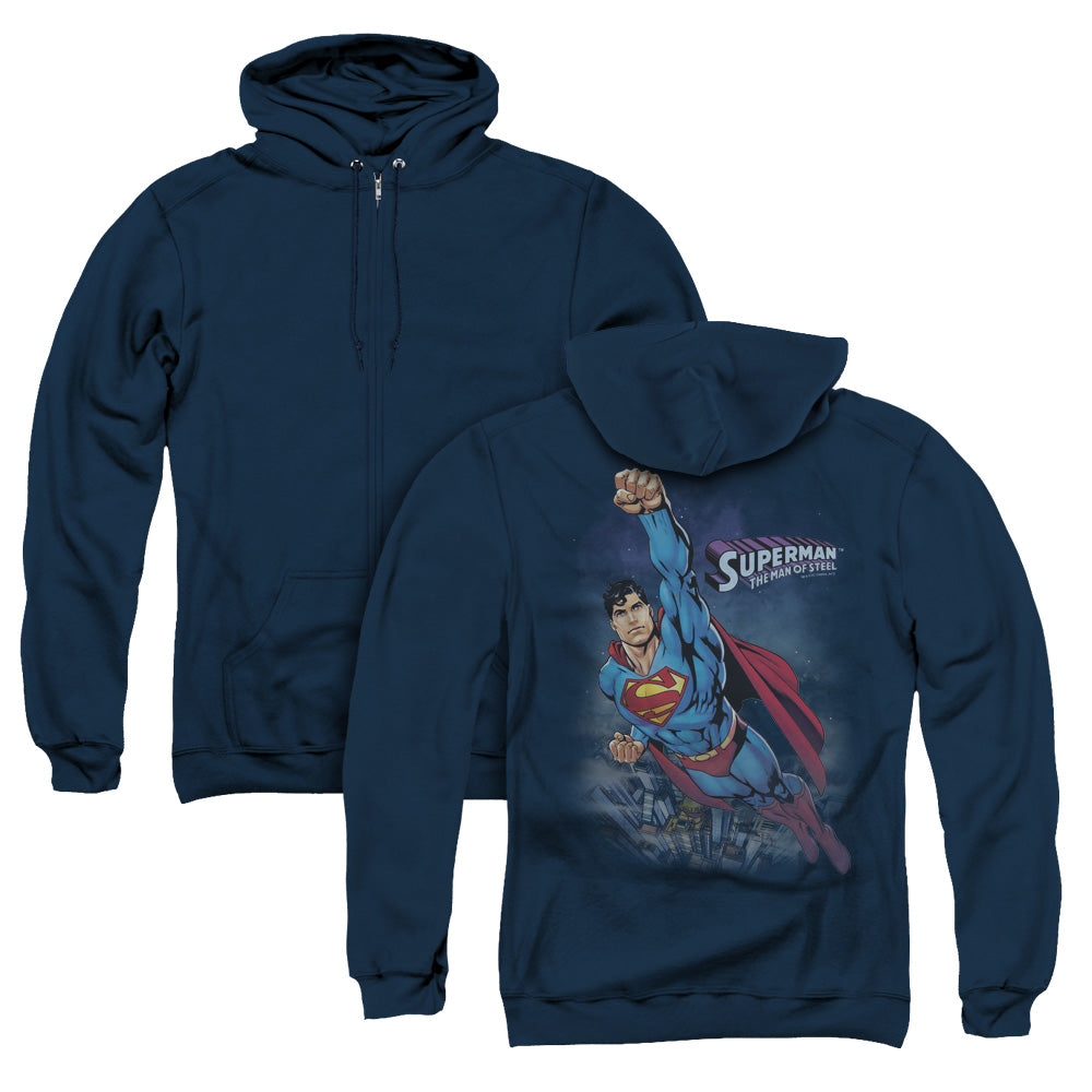 Superman Twilight Flight Back Print Zipper Mens Hoodie Navy