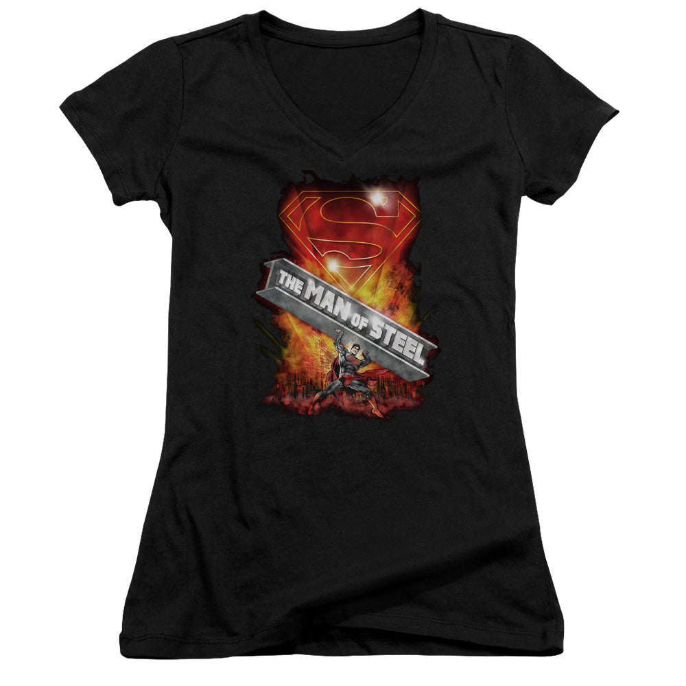 Superman Steel Girder Junior Sheer Cap Sleeve V Neck Womens T Shirt Black