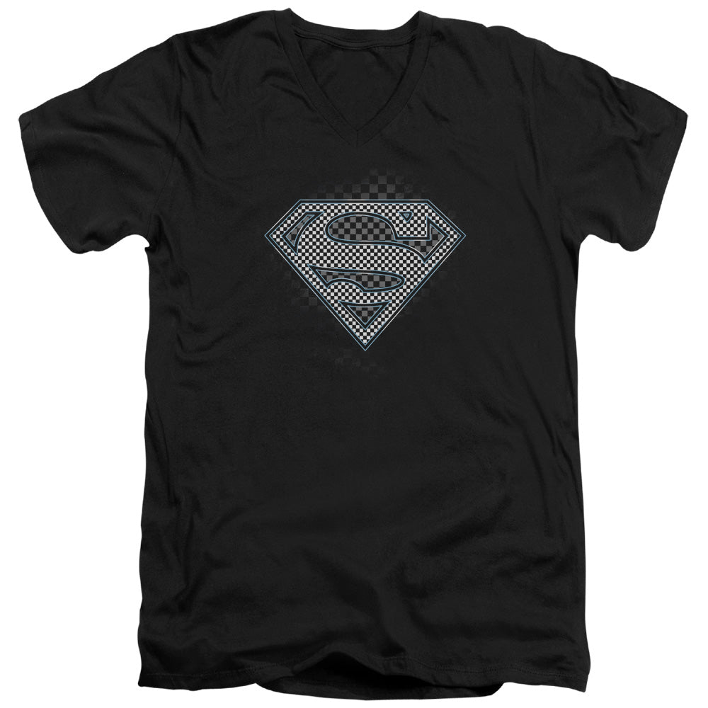 Superman Checkerboard S S Adult V Neck Black