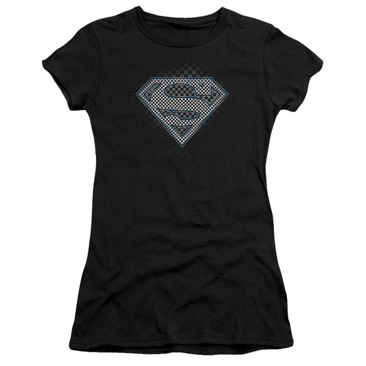 Superman Checkerboard Junior Sheer Cap Sleeve Womens T Shirt Black