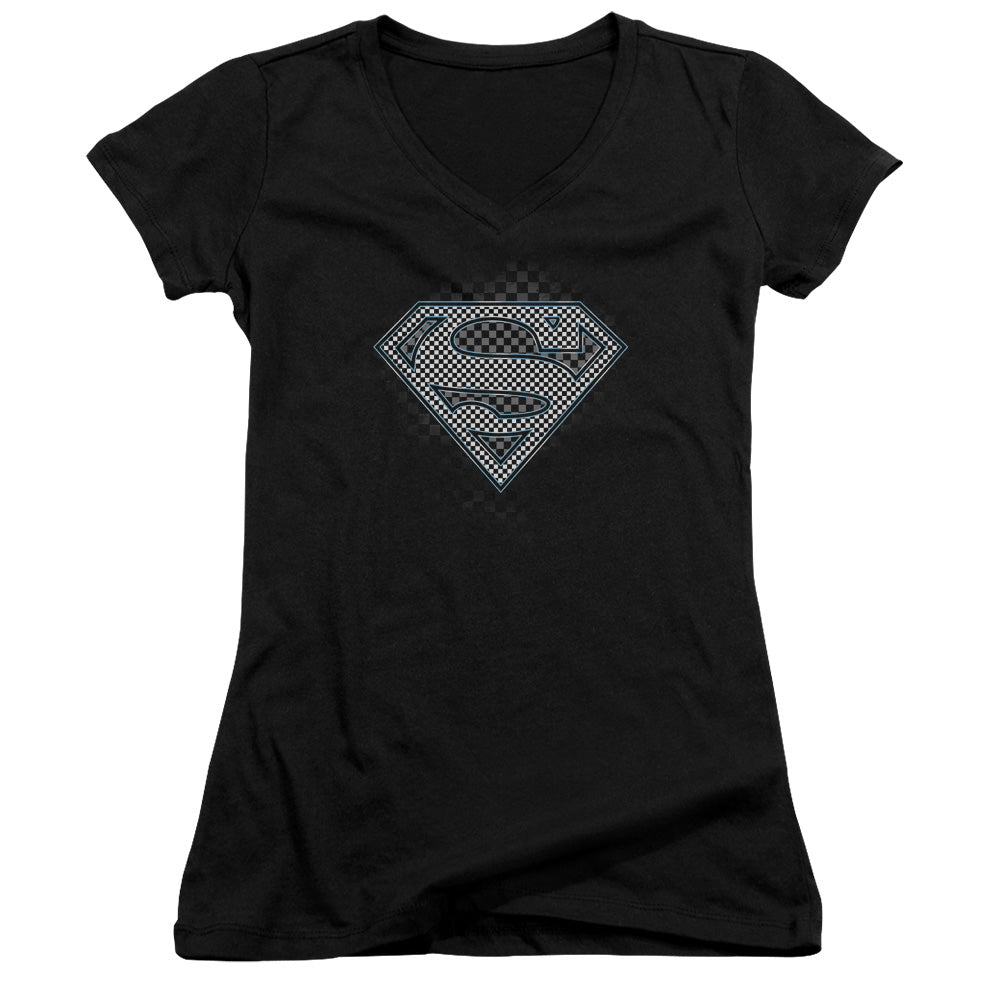 Superman Checkerboard Junior Sheer Cap Sleeve V Neck Womens T Shirt Black