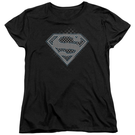 Superman Checkerboard Womens T Shirt Black