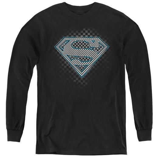 Superman Checkerboard Long Sleeve Kids Youth T Shirt Black