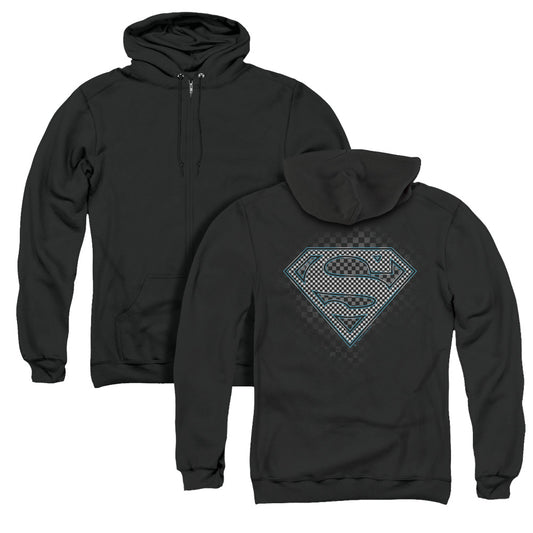 Superman Checkerboard Back Print Zipper Mens Hoodie Black