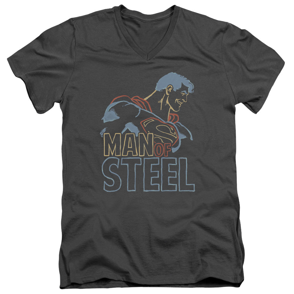 Superman Colored Lines S S Adult V Neck Charcoal