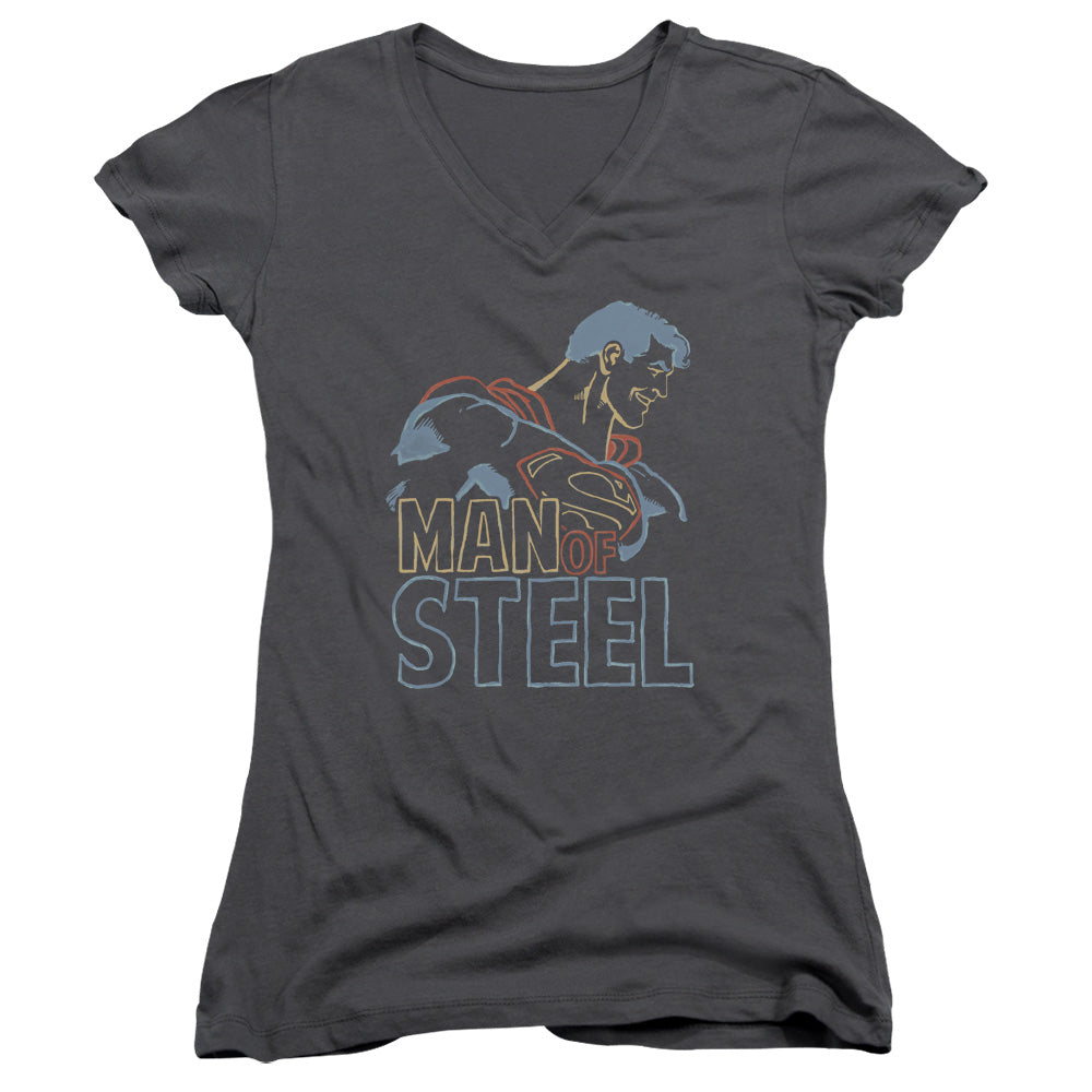 Superman Colored Lines Junior Sheer Cap Sleeve V Neck Womens T Shirt Charcoal