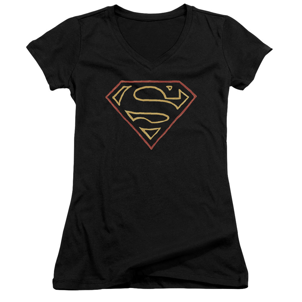 Superman Colored Shield Junior Sheer Cap Sleeve V Neck Womens T Shirt Black