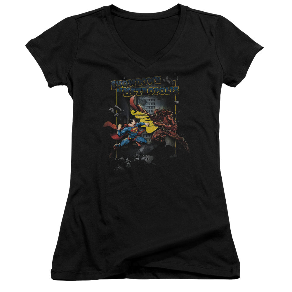 Superman Showdown Junior Sheer Cap Sleeve V Neck Womens T Shirt Black