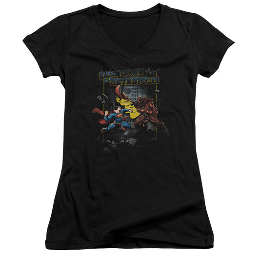 Superman Showdown Junior Sheer Cap Sleeve V Neck Womens T Shirt Black