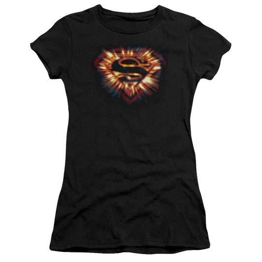 Superman Space Burst Shield Junior Sheer Cap Sleeve Womens T Shirt Black