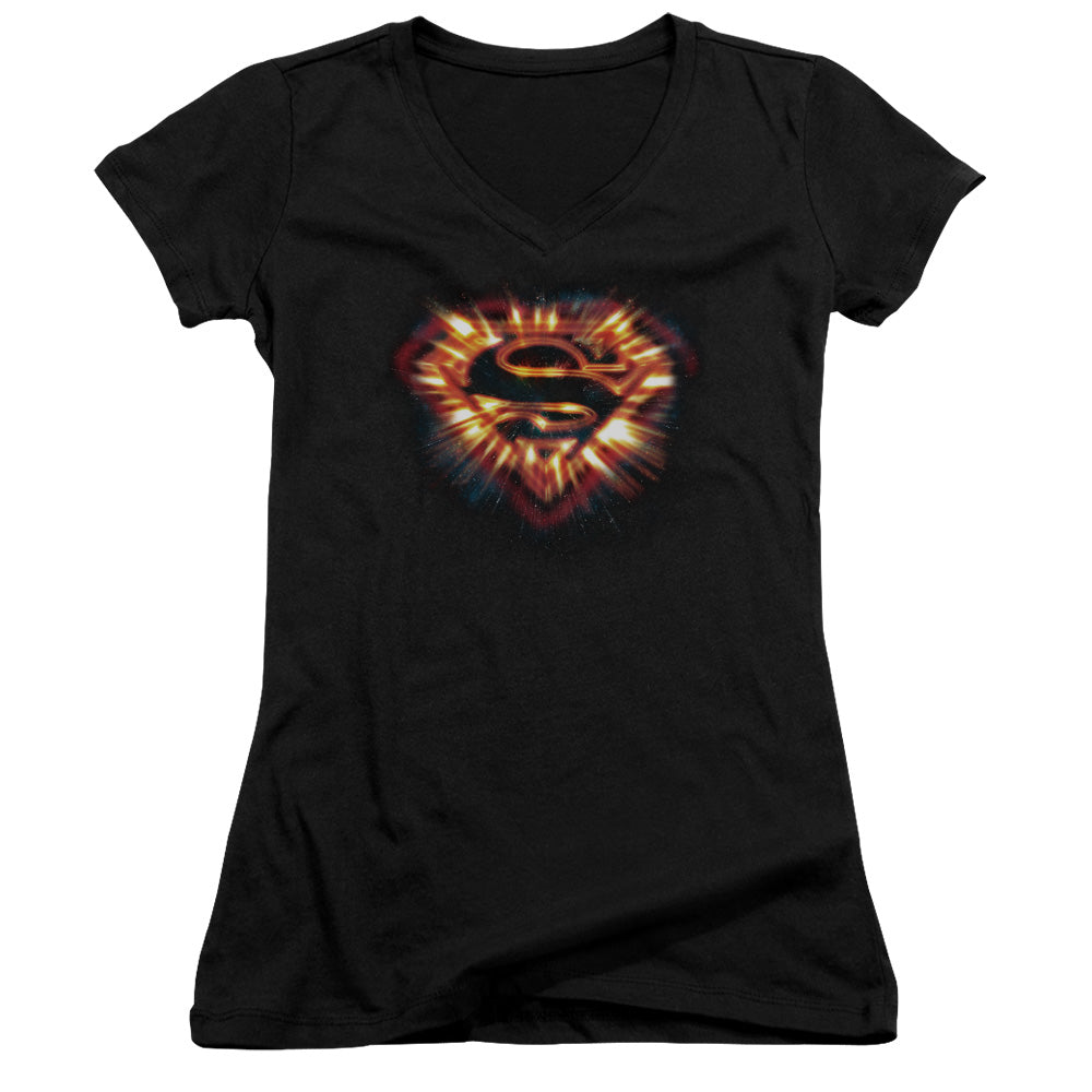 Superman Space Burst Shield Junior Sheer Cap Sleeve V Neck Womens T Shirt Black