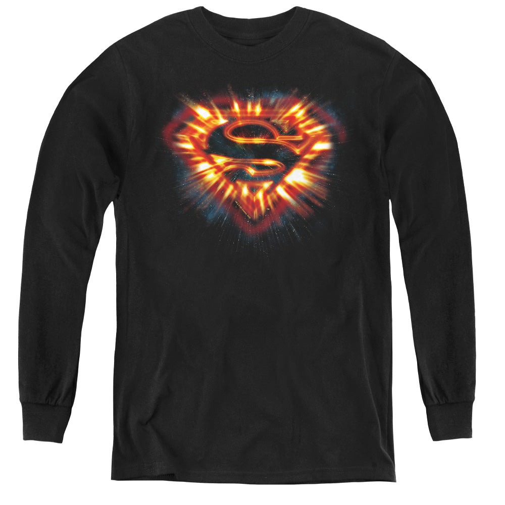 Superman Space Burst Shield Long Sleeve Kids Youth T Shirt Black