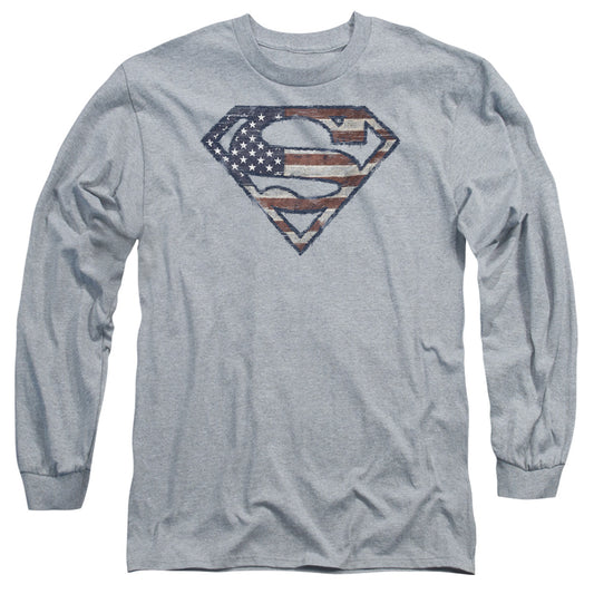 Superman Wartorn Flag Mens Long Sleeve Shirt Athletic Heather