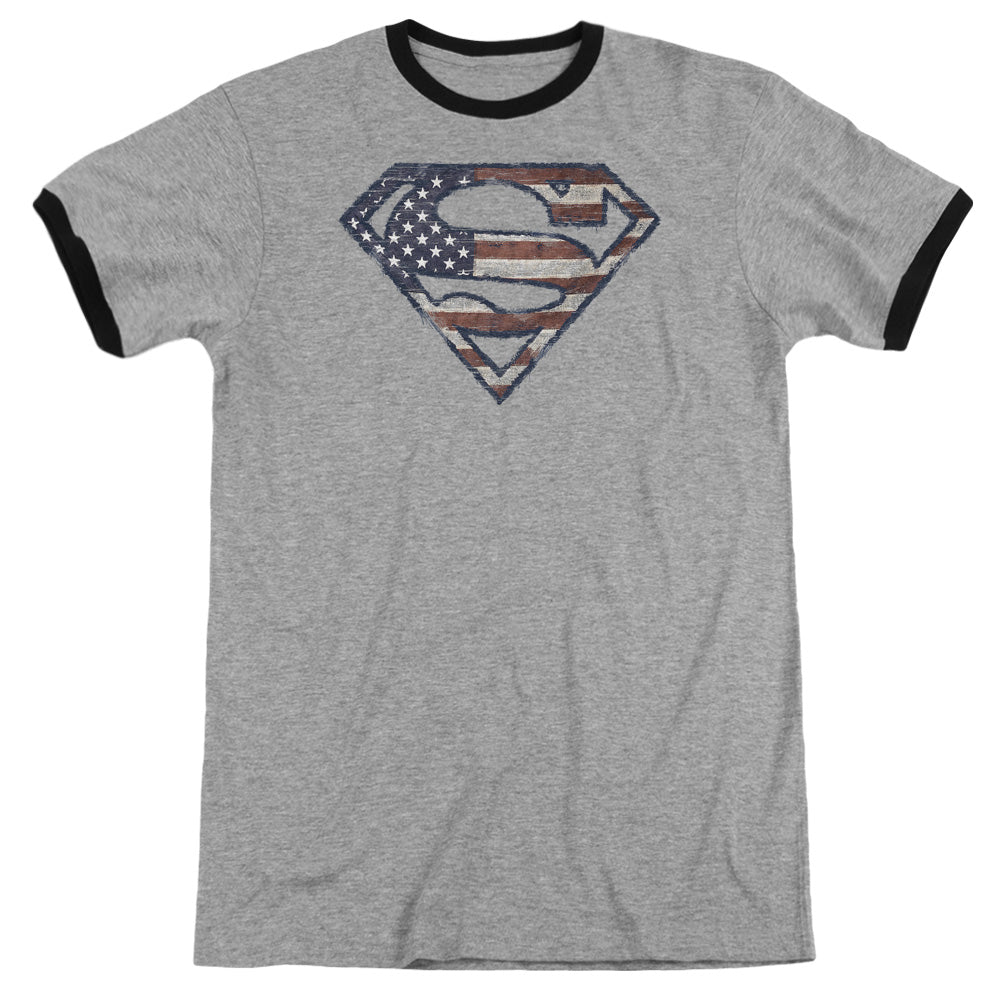 Superman Wartorn Flag Heather Ringer Mens T Shirt Heather Black