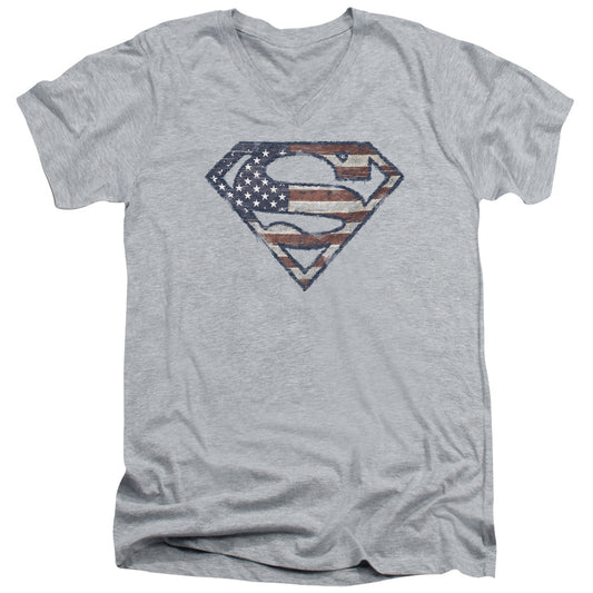 Superman Wartorn Flag S S Adult V Neck Athletic Heather