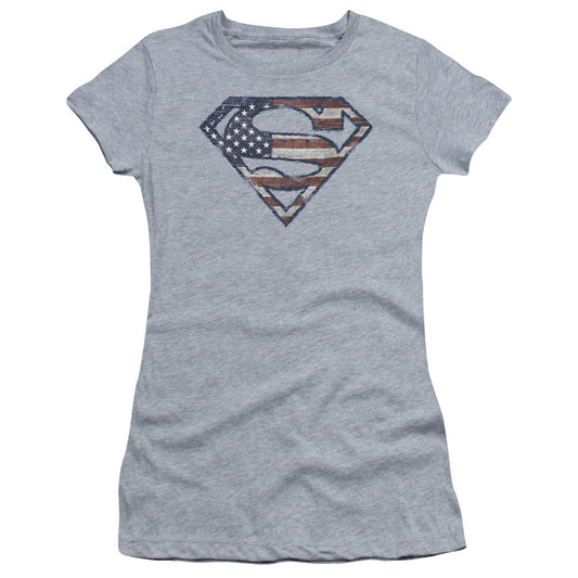 Superman Wartorn Flag Junior Sheer Cap Sleeve Womens T Shirt Athletic Heather