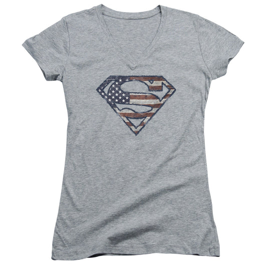 Superman Wartorn Flag Junior Sheer Cap Sleeve V Neck Womens T Shirt Athletic Heather