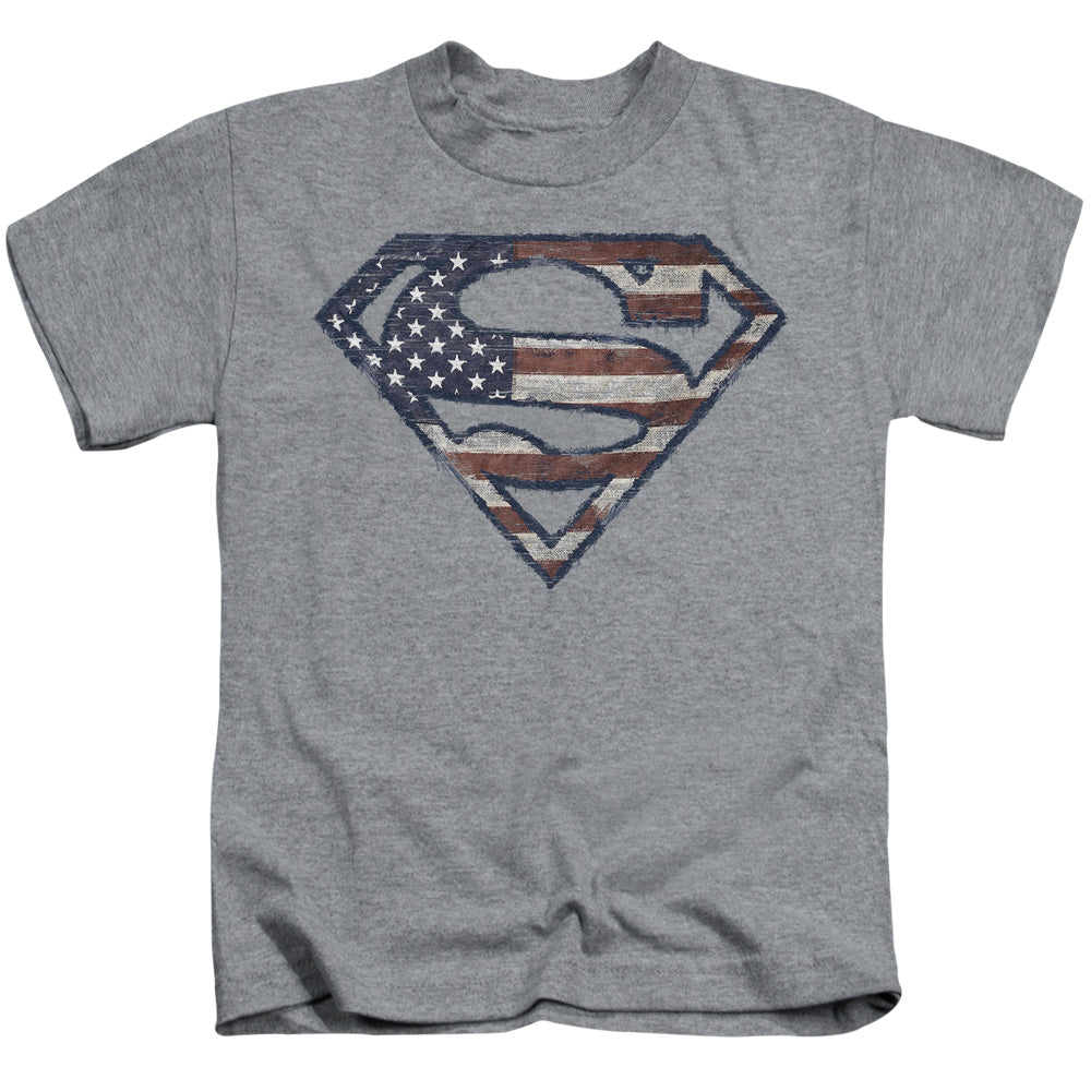 Superman Wartorn Flag Juvenile Kids Youth T Shirt Athletic Heather