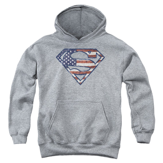 Superman Wartorn Flag Kids Youth Hoodie Heather