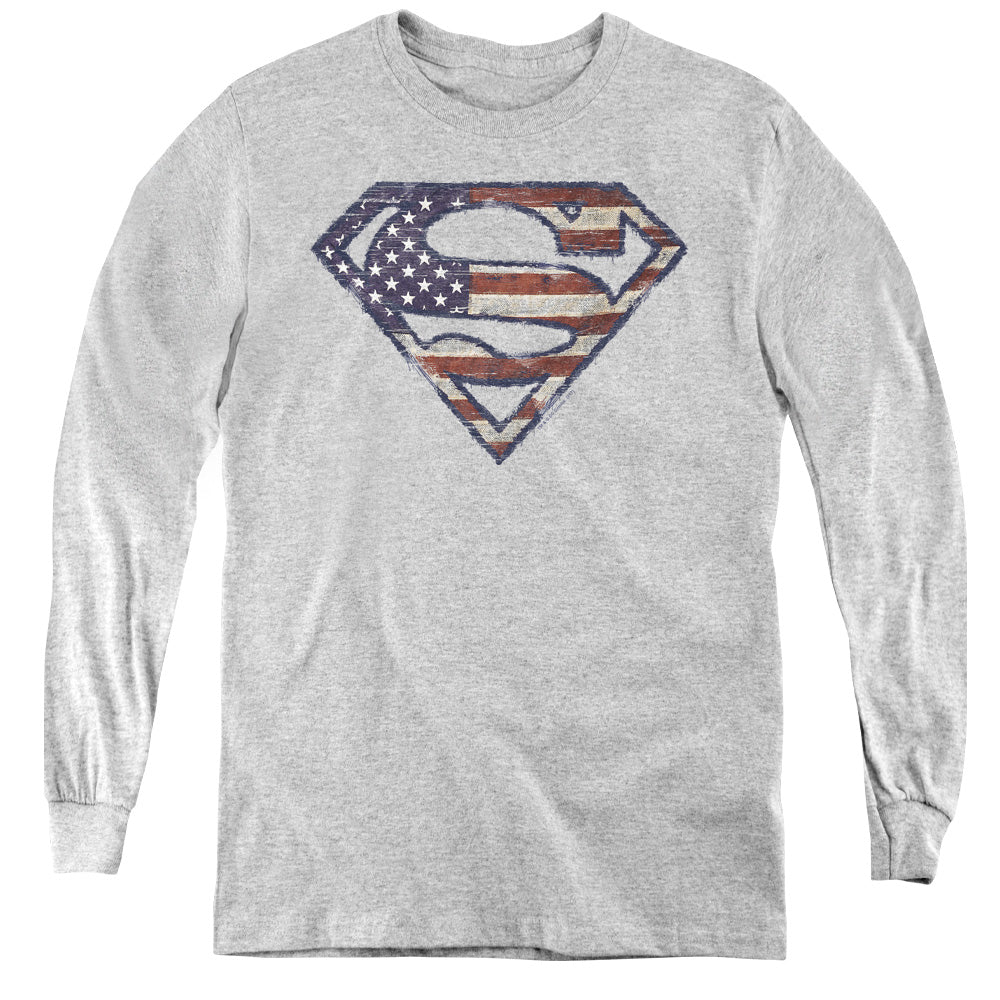 Superman Wartorn Flag Long Sleeve Kids Youth T Shirt Athletic Heather