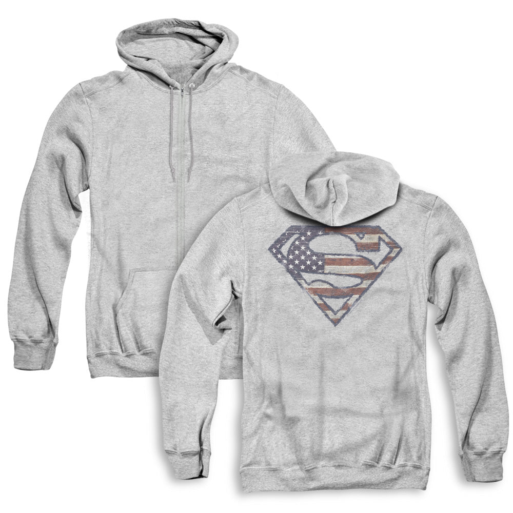 Superman Wartorn Flag Back Print Zipper Mens Hoodie Athletic Heather