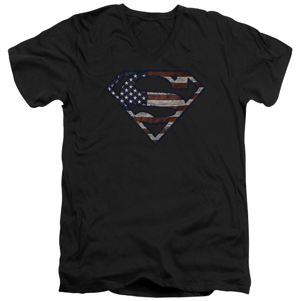 Superman Wartorn Flag Mens Slim Fit V Neck T Shirt Black