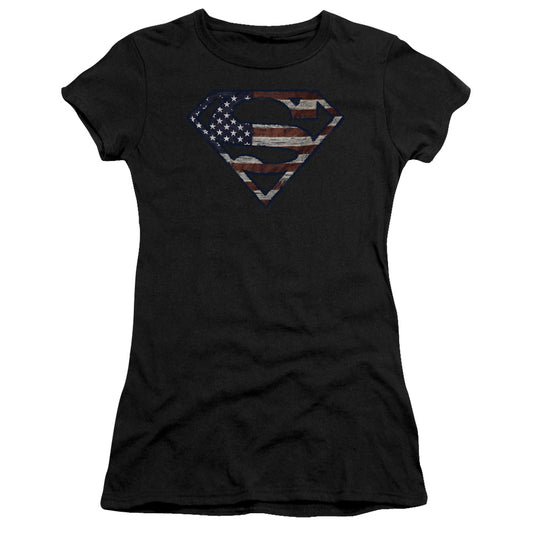 Superman Wartorn Flag Junior Sheer Cap Sleeve Womens T Shirt Black