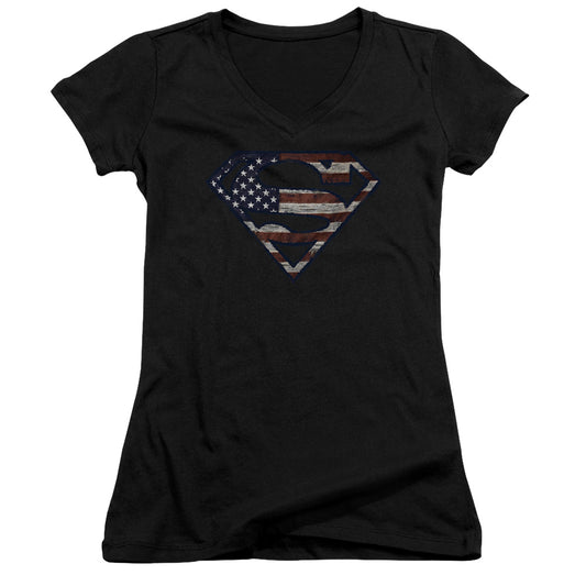 Superman Wartorn Flag Junior Sheer Cap Sleeve V Neck Womens T Shirt Black