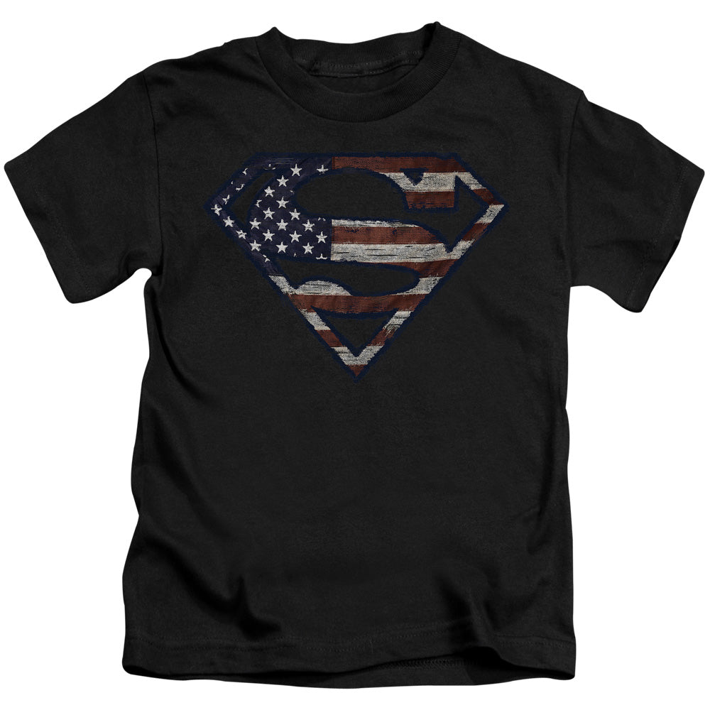 Superman Wartorn Flag Juvenile Kids Youth T Shirt Black