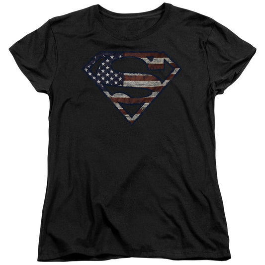 Superman Wartorn Flag Womens T Shirt Black