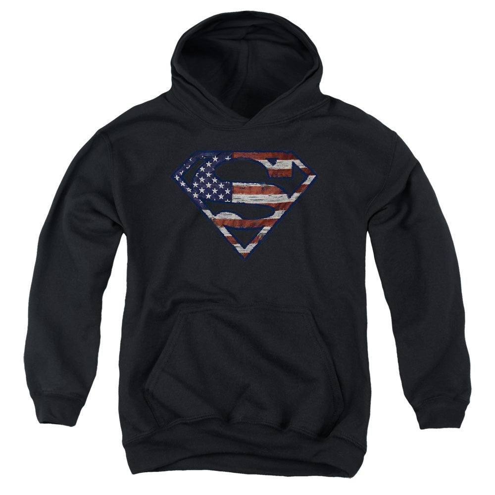 Superman Wartorn Flag Kids Youth Hoodie Black